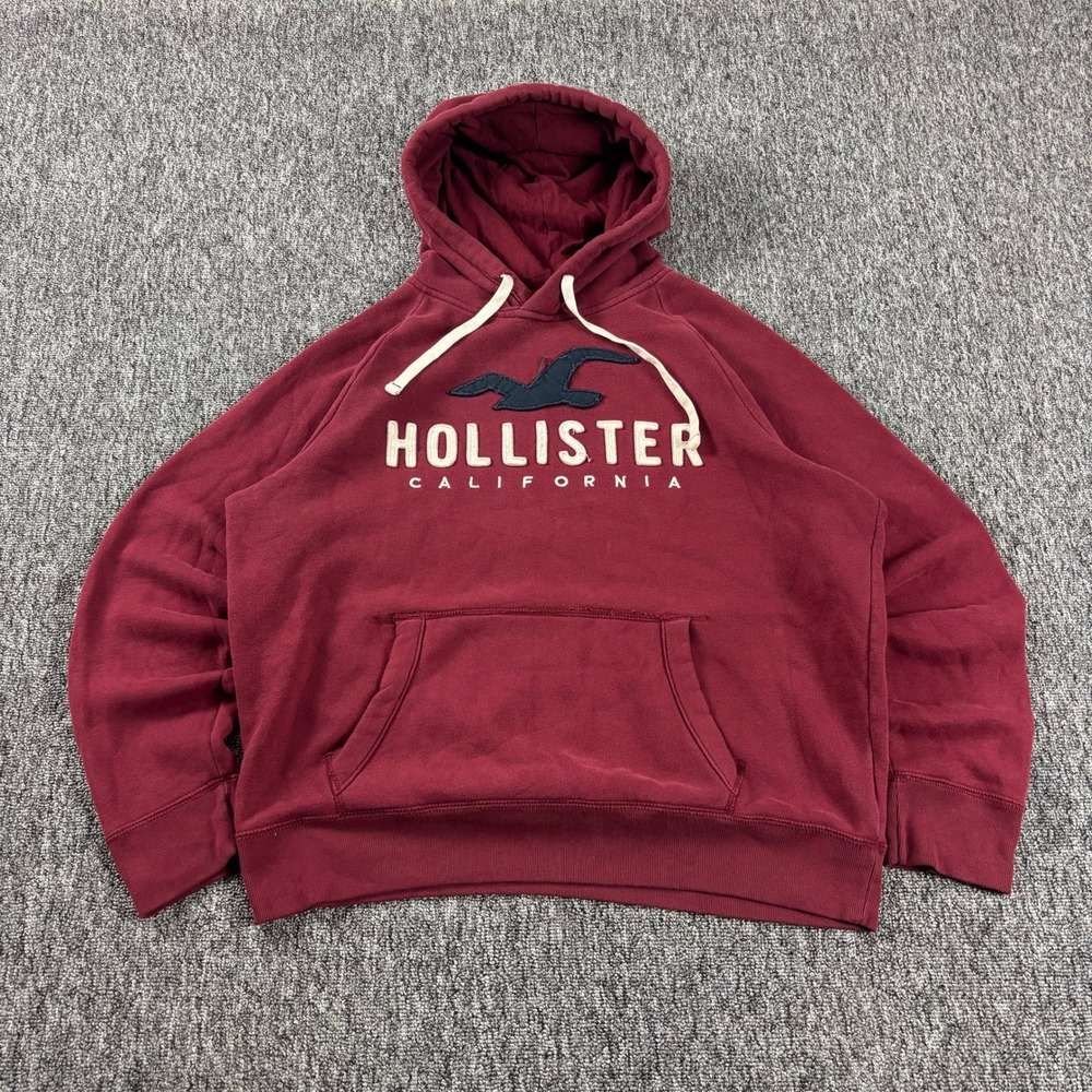 Y2K Hollister California Vintage Surf Embroidered Bird Logo Hoodie Maroon XL